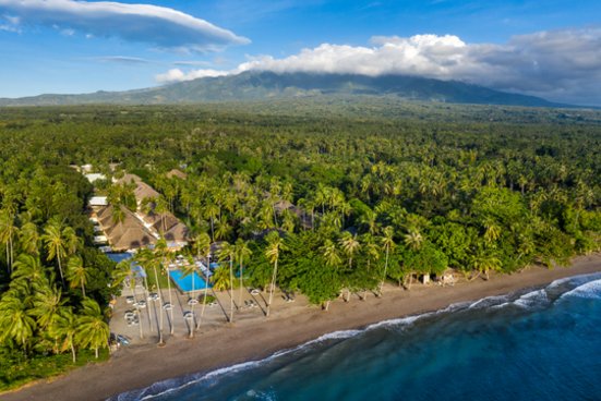 Luftaufnahme der philippinischen Küste mit Strand, Meer und Wald. Darin versteckt befindet sich das Atmosphere Resorts & Spa.